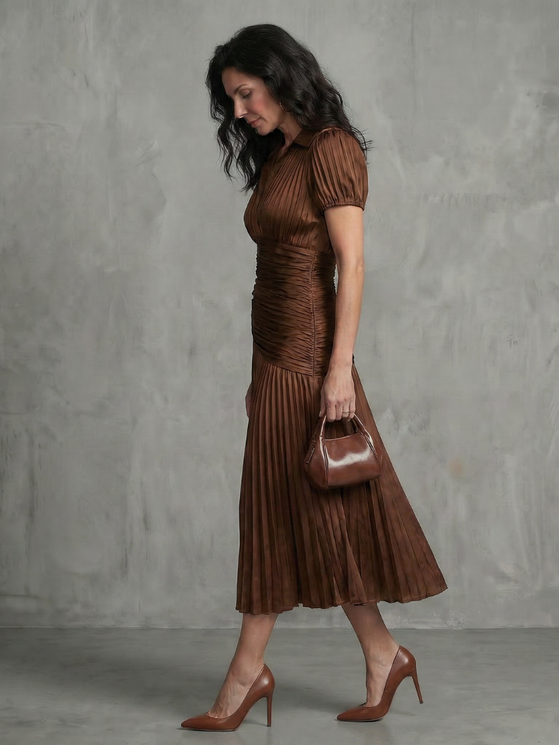 Theodora | Vestito Midi a Strisce con Vita Plissettata