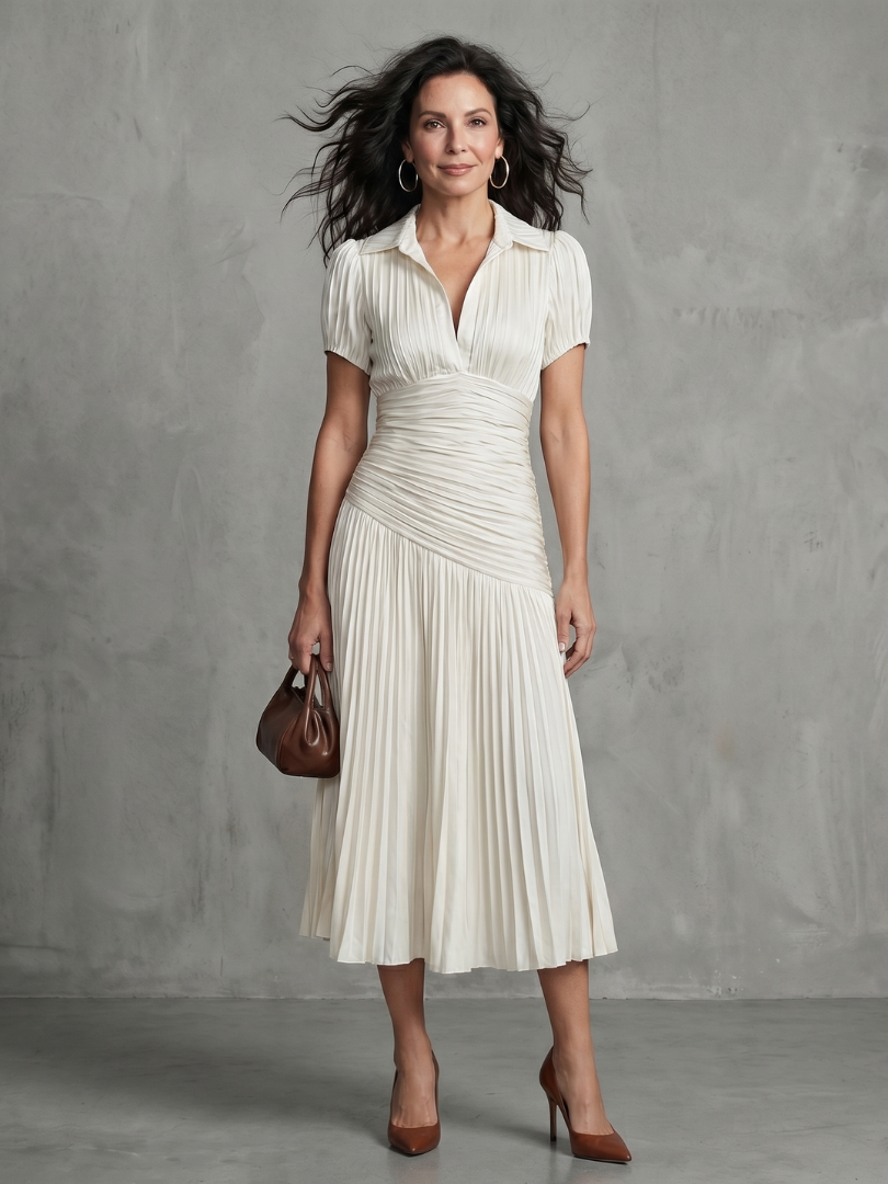 Theodora | Vestito Midi a Strisce con Vita Plissettata
