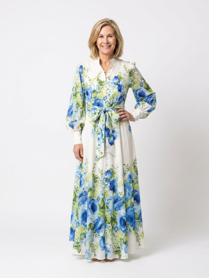Harper | Abito Maxi a Maniche Lunghe con Fiori e Bottoni