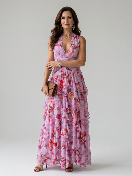 Nori | Top Maxi Floreale con Rouches e Scollo All'Americana