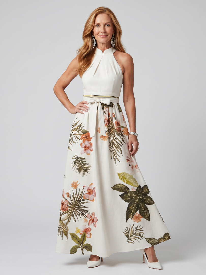 Wiese | Abito Maxi con Collo All'Americana e Pannello Botanico