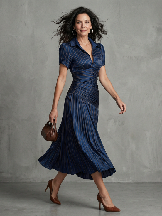 Theodora | Vestito Midi a Strisce con Vita Plissettata