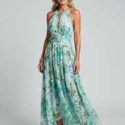 Portia | Abito Midi Floreale Pieghevole con Collo Halter