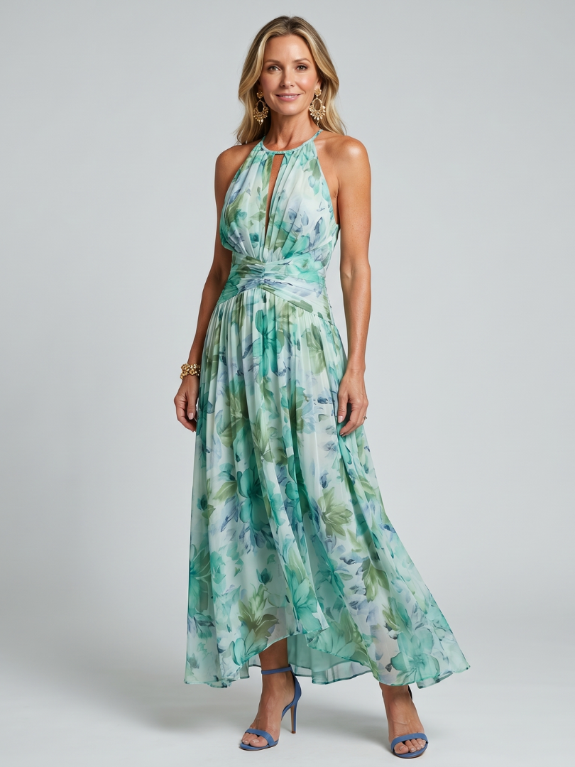 Portia | Abito Midi Floreale Pieghevole con Collo Halter