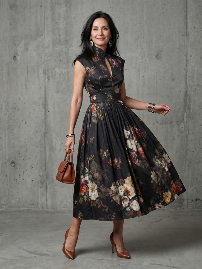 Greta | Abito midi plissettato floreale con collo alto e apertura a chiave