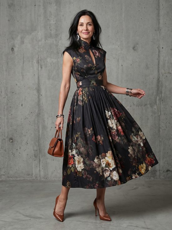 Greta | Abito midi plissettato floreale con collo alto e apertura a chiave
