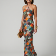 Larkin | Abito Maxi Attillato con Motivo a Scaglie Multicolore