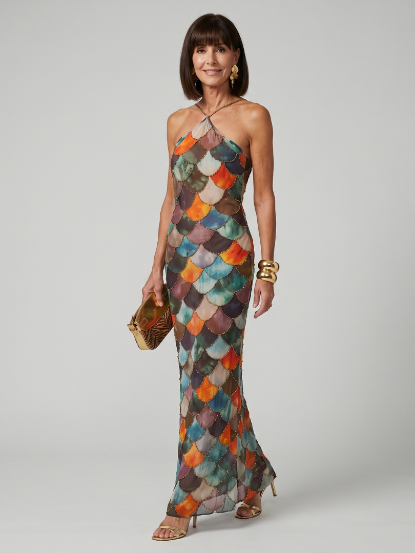 Larkin | Abito Maxi Attillato con Motivo a Scaglie Multicolore