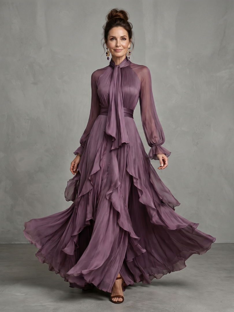 Demetria | Abito Maxi con Dettagli a Volant e Collo Legato