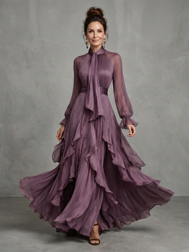 Demetria | Abito Maxi con Dettagli a Volant e Collo Legato