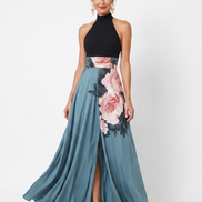 Olympas | Abito Maxi in Tulle con Corpino a Halter e Fantasia Floreale