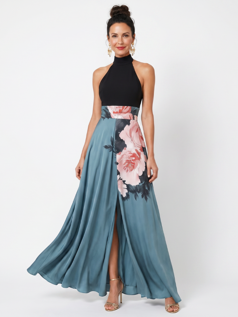Olympas | Abito Maxi in Tulle con Corpino a Halter e Fantasia Floreale