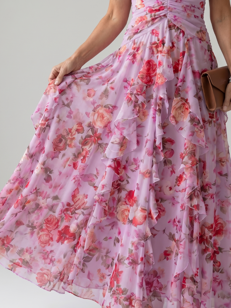 Nori | Top Maxi Floreale con Rouches e Scollo All'Americana
