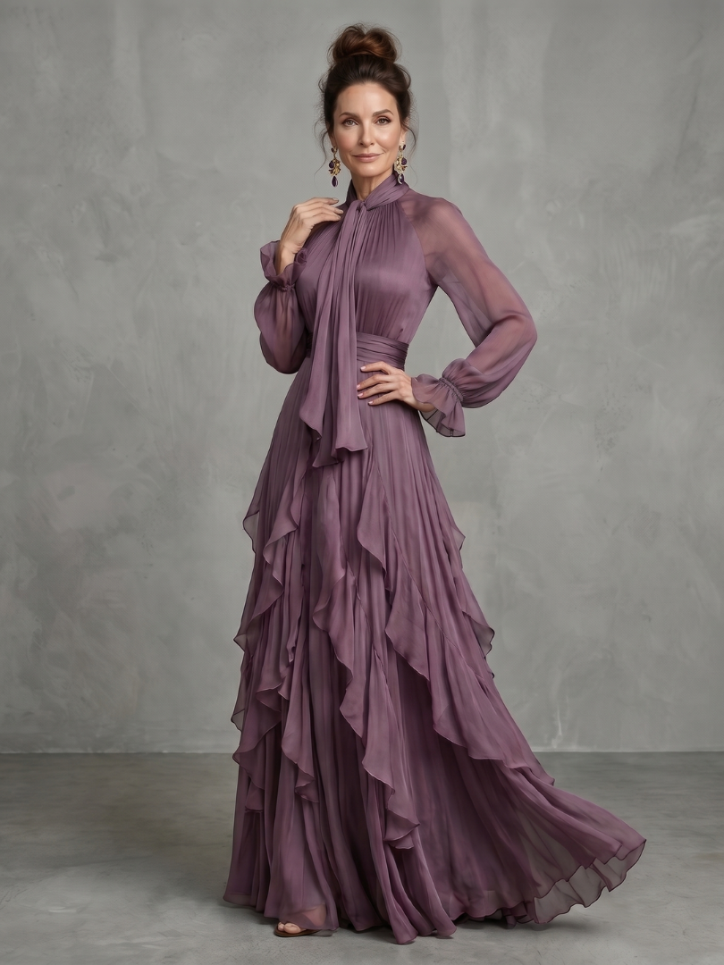 Demetria | Abito Maxi con Dettagli a Volant e Collo Legato