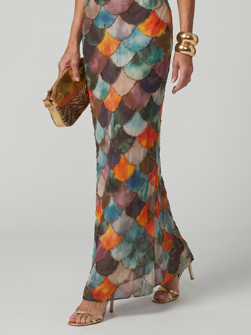 Larkin | Abito Maxi Attillato con Motivo a Scaglie Multicolore