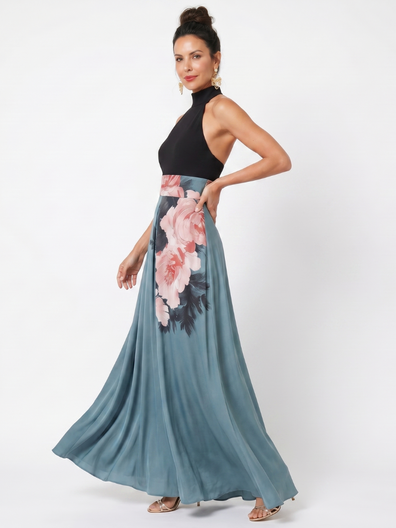 Olympas | Abito Maxi in Tulle con Corpino a Halter e Fantasia Floreale