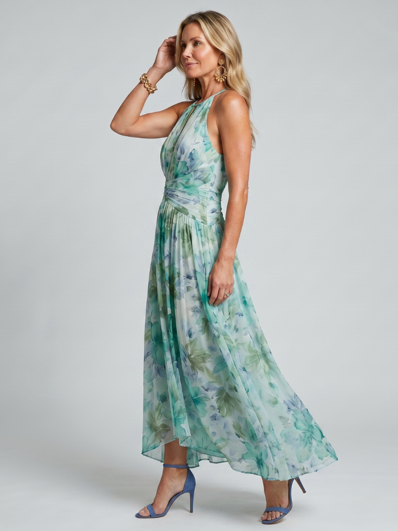 Portia | Abito Midi Floreale Pieghevole con Collo Halter