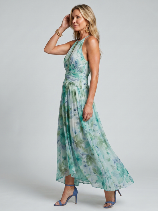 Portia | Abito Midi Floreale Pieghevole con Collo Halter