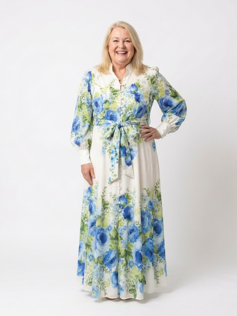 Harper | Abito Maxi a Maniche Lunghe con Fiori e Bottoni