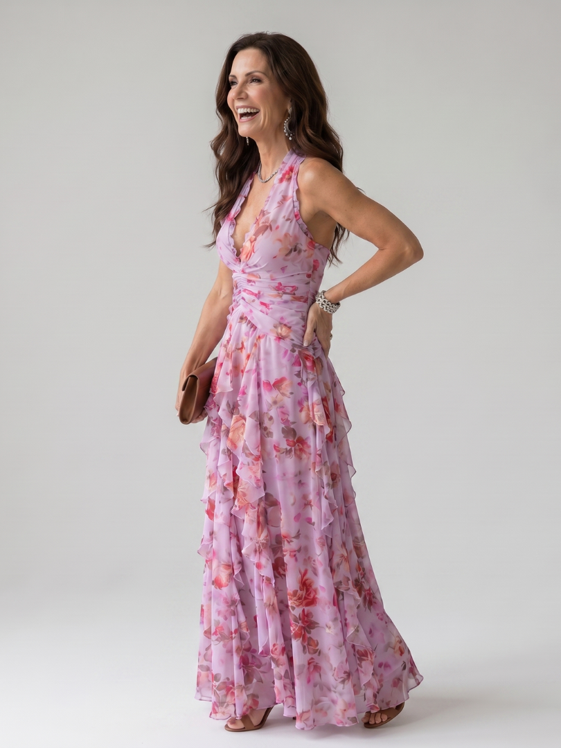 Nori | Top Maxi Floreale con Rouches e Scollo All'Americana