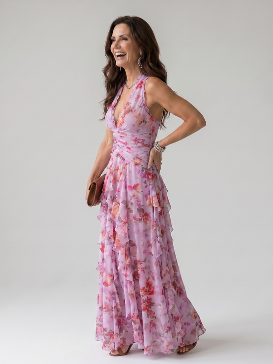 Nori | Top Maxi Floreale con Rouches e Scollo All'Americana