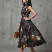 Greta | Abito midi plissettato floreale con collo alto e apertura a chiave