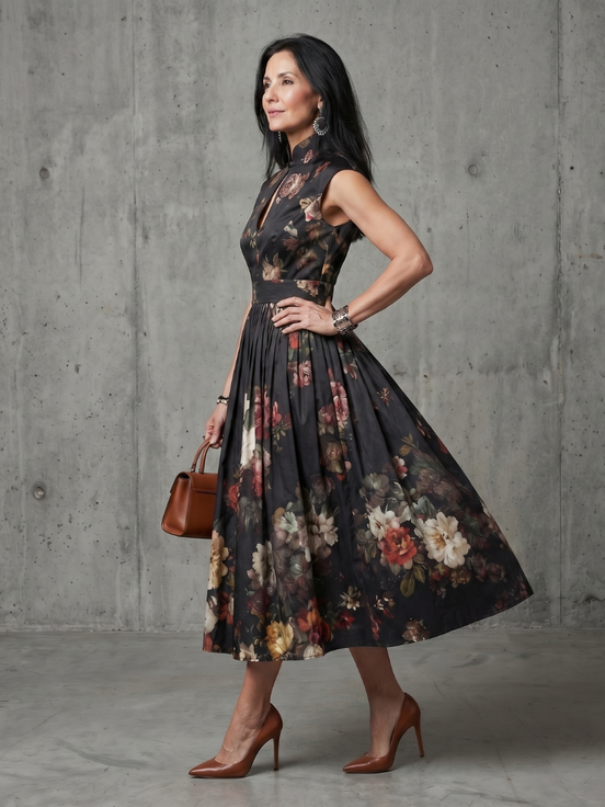 Greta | Abito midi plissettato floreale con collo alto e apertura a chiave