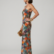 Larkin | Abito Maxi Attillato con Motivo a Scaglie Multicolore