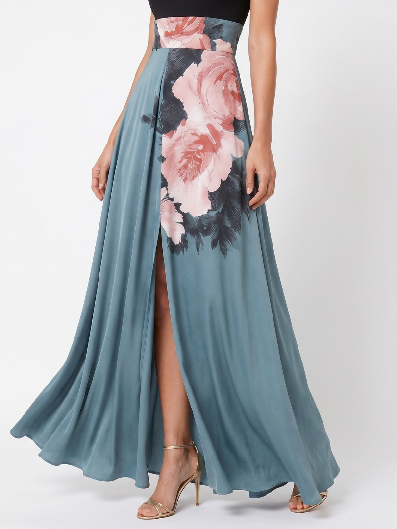Olympas | Abito Maxi in Tulle con Corpino a Halter e Fantasia Floreale