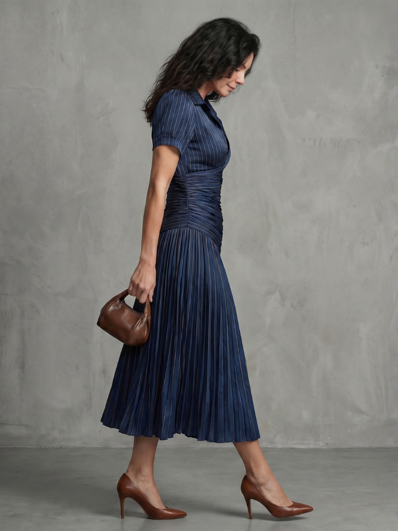 Theodora | Vestito Midi a Strisce con Vita Plissettata