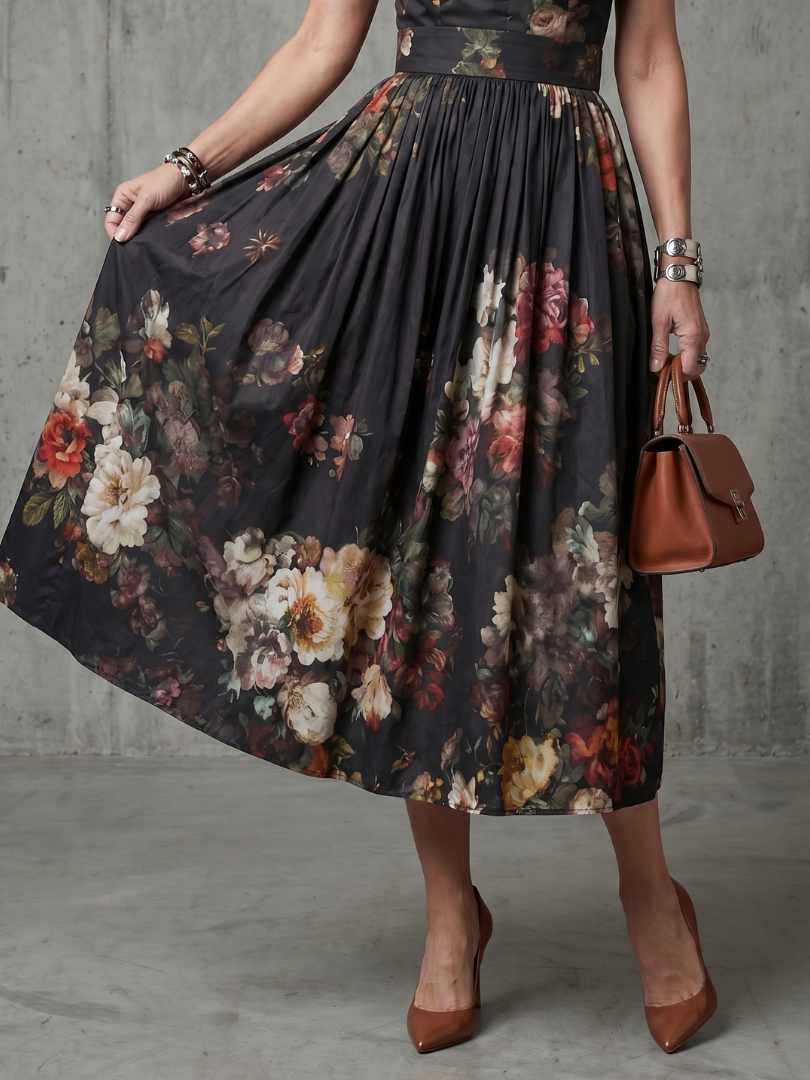 Greta | Abito midi plissettato floreale con collo alto e apertura a chiave