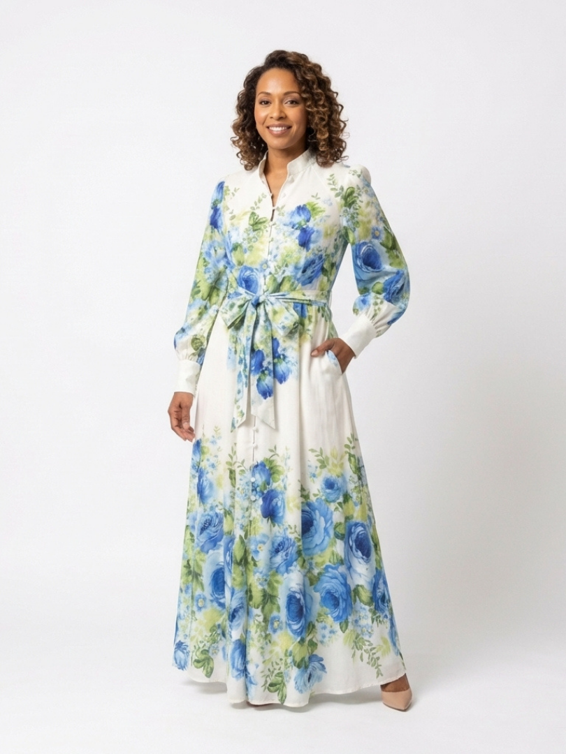 Harper | Abito Maxi a Maniche Lunghe con Fiori e Bottoni