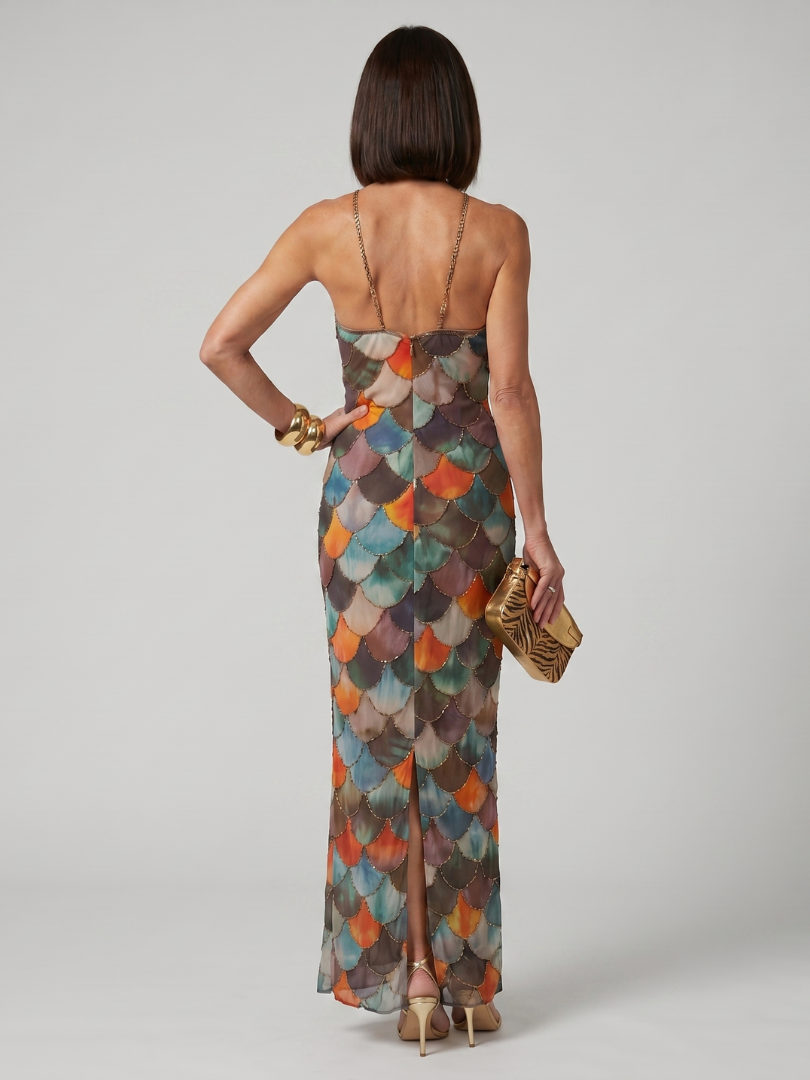 Larkin | Abito Maxi Attillato con Motivo a Scaglie Multicolore