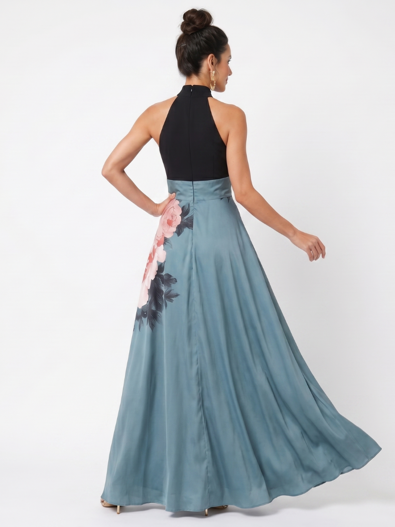 Olympas | Abito Maxi in Tulle con Corpino a Halter e Fantasia Floreale