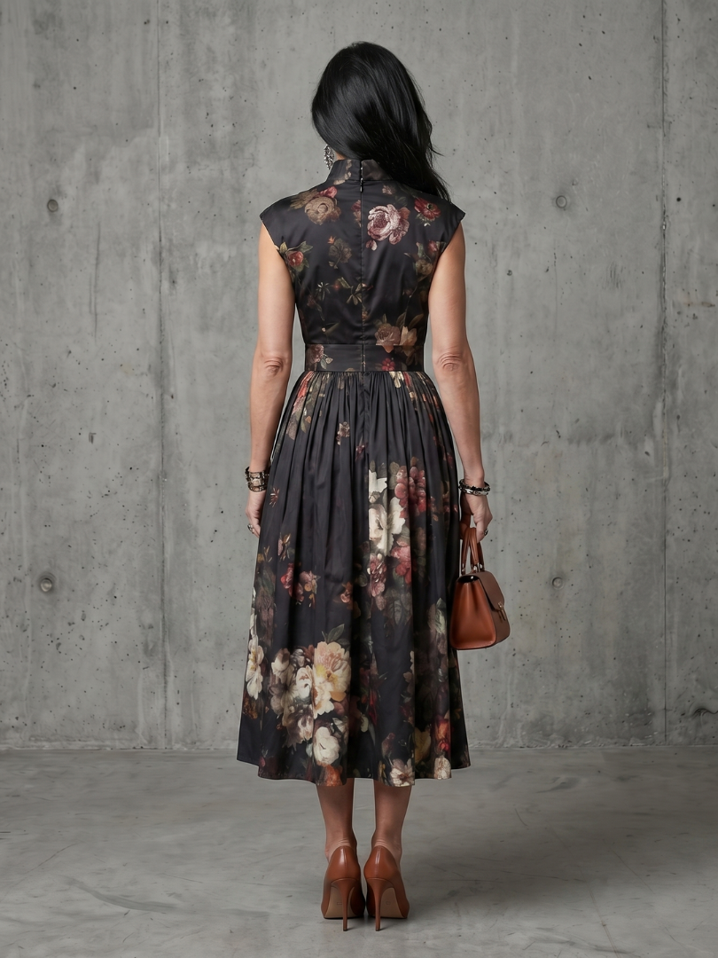Greta | Abito midi plissettato floreale con collo alto e apertura a chiave