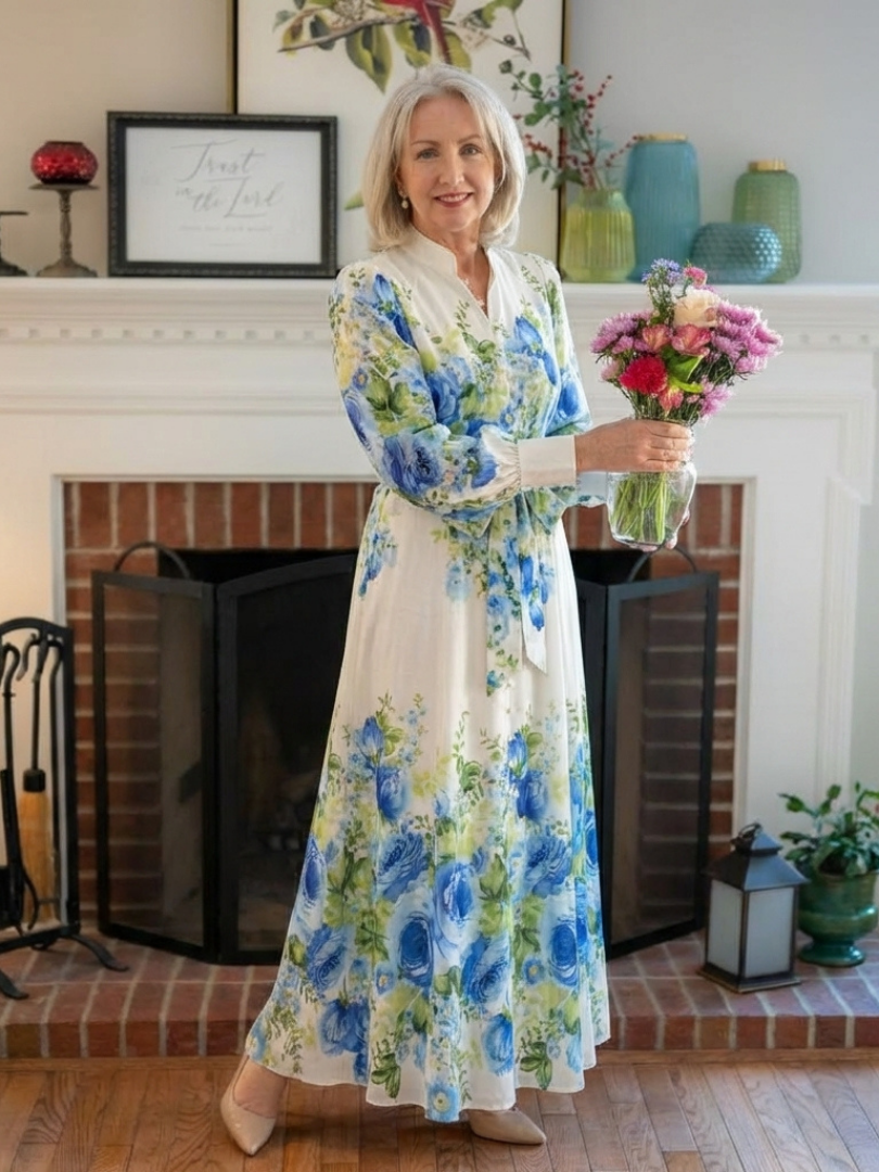 Harper | Abito Maxi a Maniche Lunghe con Fiori e Bottoni