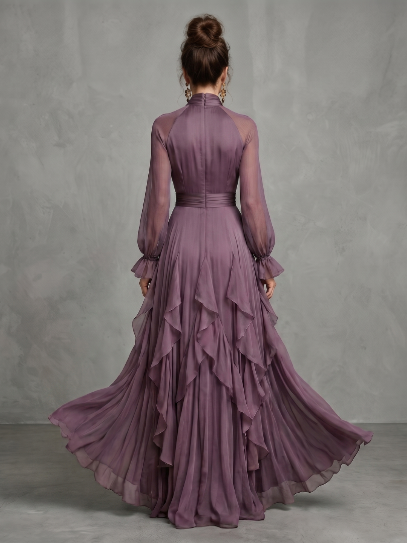 Demetria | Abito Maxi con Dettagli a Volant e Collo Legato