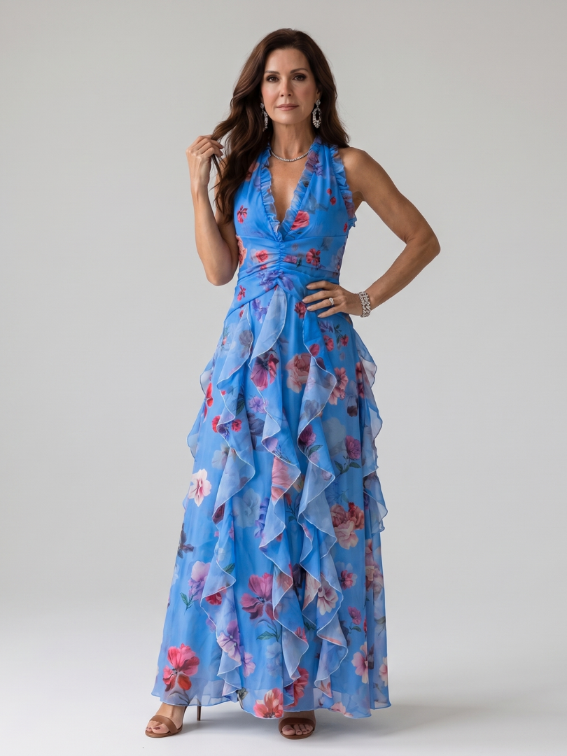 Nori | Top Maxi Floreale con Rouches e Scollo All'Americana