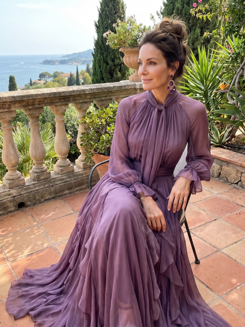 Demetria | Abito Maxi con Dettagli a Volant e Collo Legato