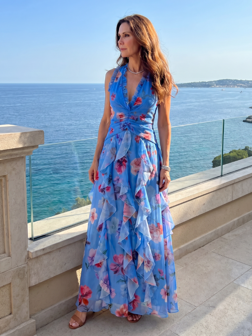 Nori | Top Maxi Floreale con Rouches e Scollo All'Americana