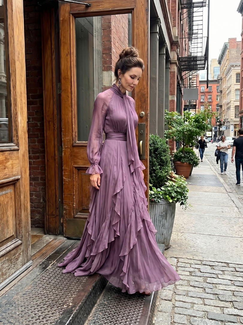 Demetria | Abito Maxi con Dettagli a Volant e Collo Legato