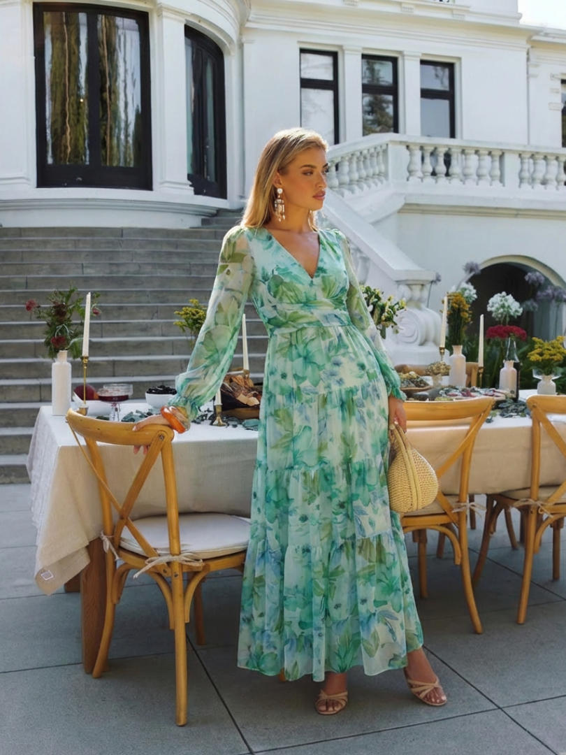 Althea | Abito Maxi a Maniche Lunghe con Fantasia Floreale