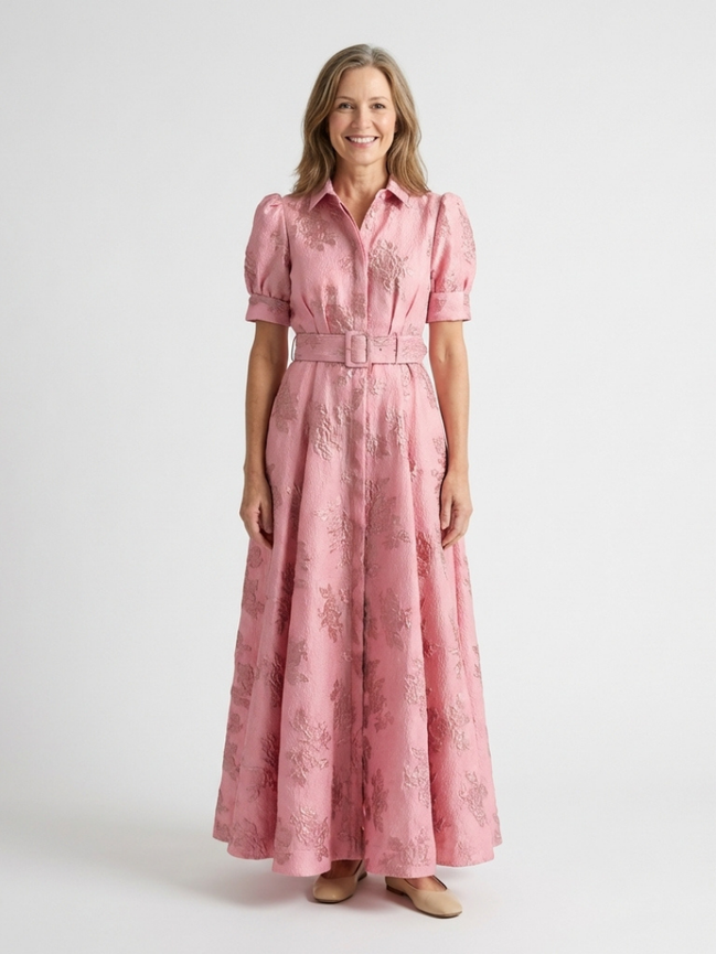 Xanthea | Abito maxi a maniche corte, aderente, con texture floreale