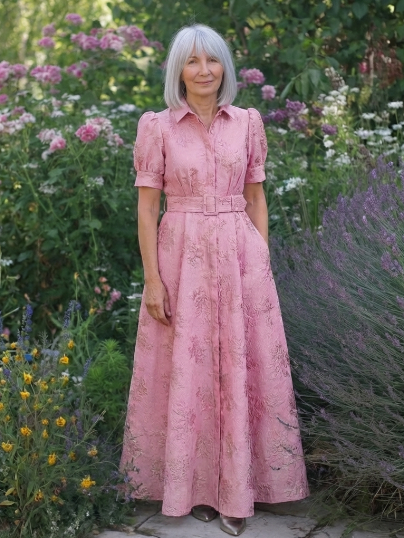 Xanthea | Abito maxi a maniche corte, aderente, con texture floreale