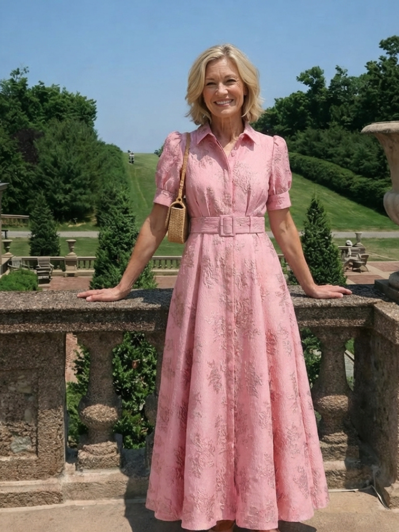 Xanthea | Abito maxi a maniche corte, aderente, con texture floreale