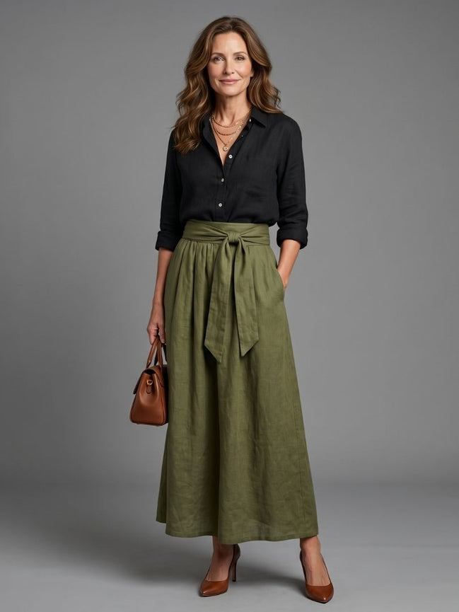 Vera | Set di Due Pezzi Blusa Nera Gonna Midi Verde Oliva